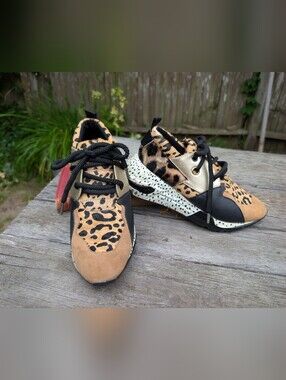 Steve Madden Leopard Print Mixed-Material Sneakers - Black, Tan, Gold Accents